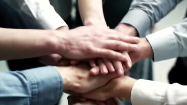 Closeup of a diverse group of people stacking their hands in the center, symbolizing unity, teamwork, and shared commitment to achieving a common goal in a professional setting 4k video