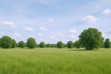 Fototapeta premium Idyllic Green Field Landscape with Blue Sky and Trees, Open Meadow in Countryside
