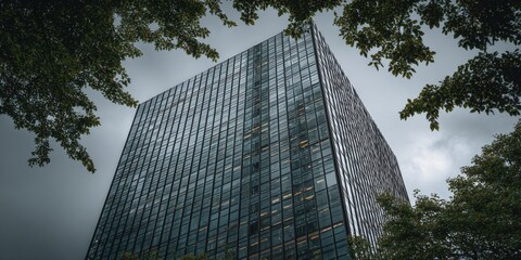 Obraz na płótnie Canvas Modern architecture office building framed by green trees against dramatic moody sky, symbolizing growth and corporate success