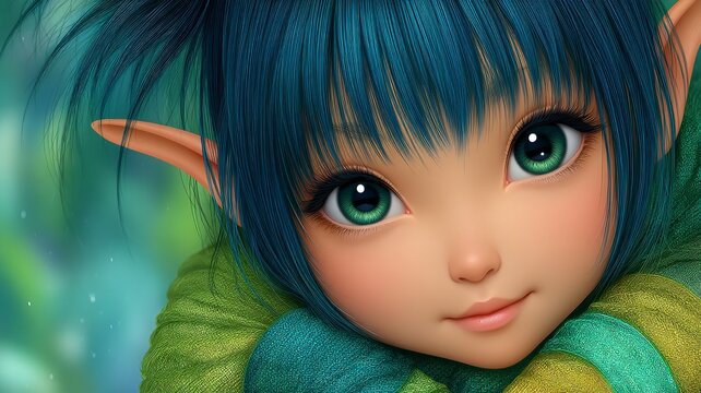 Close up portrait of a whimsical fantasy creature with teal hair and large green eyes