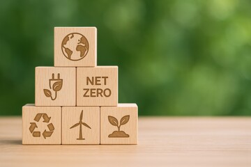Obraz premium Net Zero Concept with Wooden Blocks Showing Environmentally Conscious Symbols for Sustainability and Carbon Neutrality
