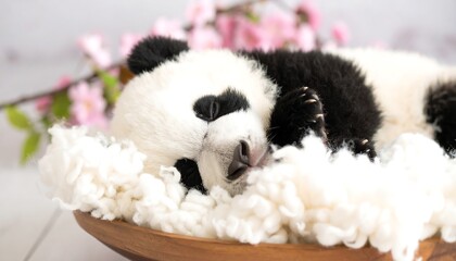 Obraz premium A sweet, fluffy baby panda rests peacefully nestled amongst soft, white fluff.