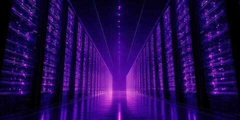 Data Center Server Racks in Neon Purple Light: High Technology Infrastructure and Network Concept