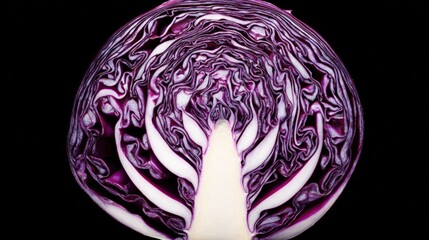 Obraz premium Vibrant Cross Section of a Red Cabbage Head Displaying Intricate Layers and Texture Against Black Backdrop