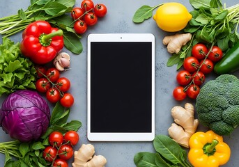 Healthy food ingredients arranged around a tablet computer for online recipes and meal planning