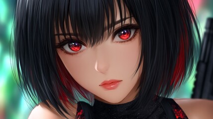 Fototapeta premium Close up portrait of a woman with striking red eyes and black hair featuring red streaks against a blurred background