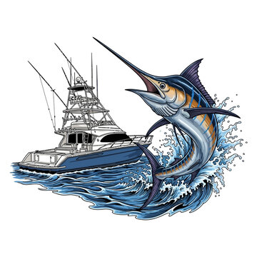 marlin sailfish boat fishing illustration logo vector image t shirt