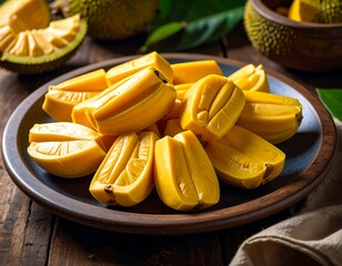 Exotic jackfruit segments on vintage plate displaying tropical richness and vibrant colors