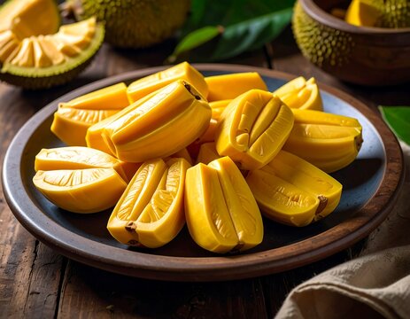 Exotic jackfruit segments on vintage plate displaying tropical richness and vibrant colors