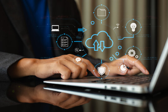 Male is using a smartphone and tablet to access the cloud computing system, Storage and data transfer Cloud network, Cloud technology.