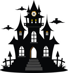 Haunted House Silhouette Vector – Spooky Halloween Ghost Mansion Illustration