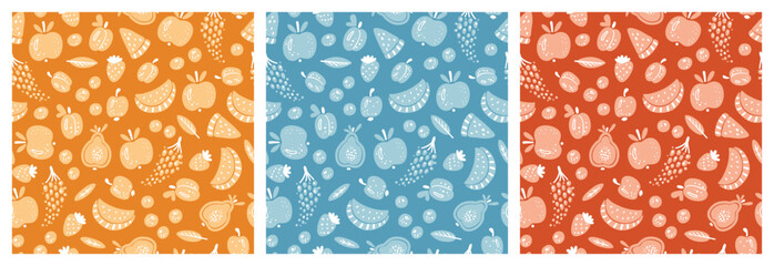 Set of Berries and Fruits Vector Seamless Patterns. Summer Fruit Background - Yellow, Blue, Red Colors. Vector Illustration