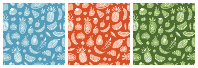 Set of Tropical Fruits and Berries Seamless Patterns. Summer Fruit Backgrounds - Blue, Red, Green Colors. Vector Illustration