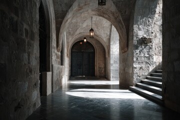 Stone corridor with arches and steps, soft light illuminating dark entrance in an ancient architectural setting