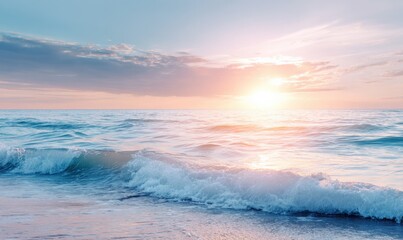 Fototapeta premium Serene Ocean Sunset: Waves Gently Washing Ashore in a Palette of Pastel Hues, Evoking Tranquility