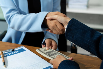 businessman offer cost of hundred dollars. Hands close up Venality, bribes, fraud concept hand give money - United States dollars, hand get paid by businessma