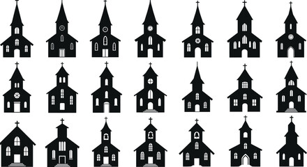 Church silhouettes set with steeples, clocks, bells, windows, doors, varied designs, architectural landmark collection, black and white vector illustration