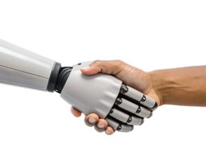 A human hand shaking hands with a robot hand against a black and white background studio shot