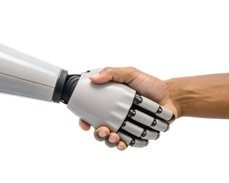 A human hand shaking hands with a robot hand against a black and white background studio shot