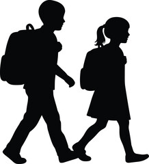 Children walking silhouettes, school kids, backpacks, black vector, student life, daily routine, childhood, education, posture, outline, flat illustration, CAD drawing, design set