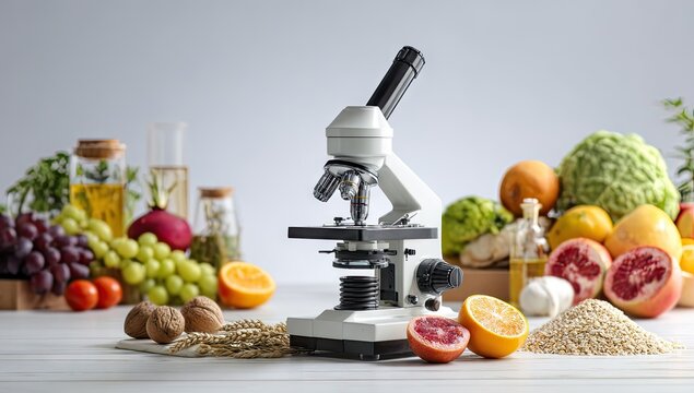 Food science research, microscope with various fruits and vegetables