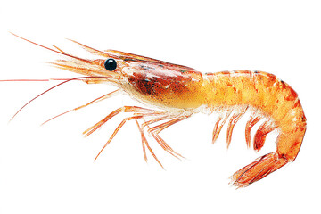 A photograph of shrimp, side view, against a white background,