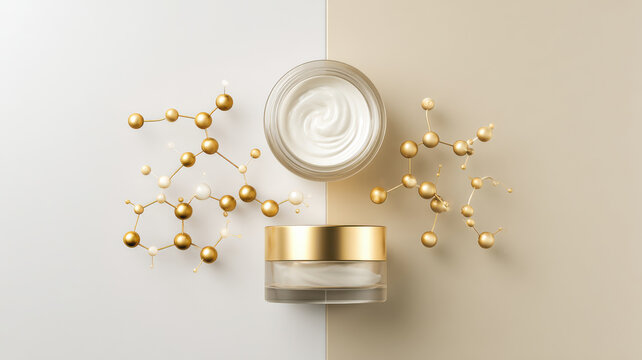 Molecular structure illustration overlay on skincare cream, science beauty concept
