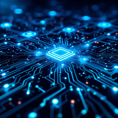 Futuristic digital background with glowing blue circuits and 3D neon holograms, abstract technology network, high-tech style, ideal for AI, IT, innovation, modern minimal design