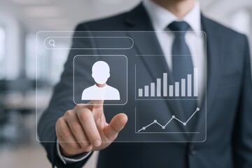 Businessman interacting with digital interface, demonstrating data analysis and profile management in modern office setting