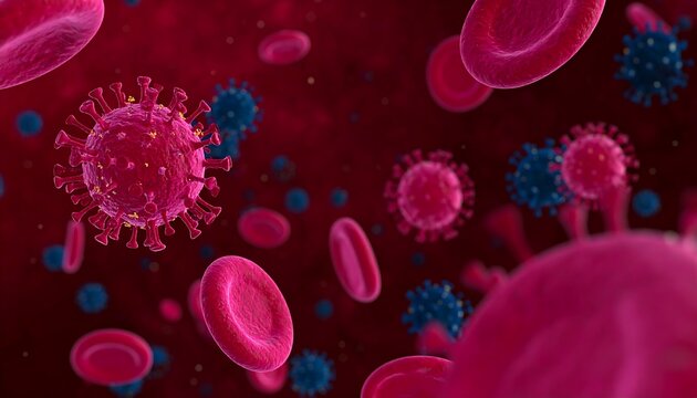 Microscopic view of viruses and blood cells - Powered by Adobe