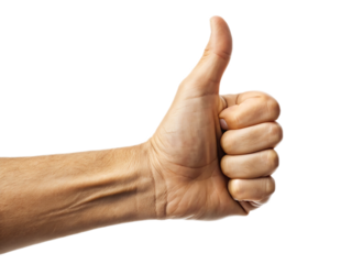 A human hand giving a thumbs up gesture against a black background in a close up studio shot view