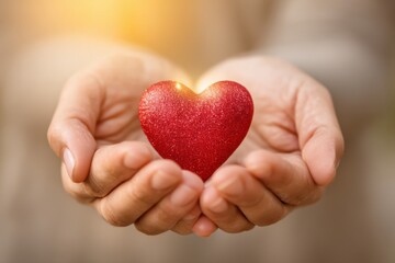 Obraz premium Hands gently cradling a red heart symbolizing love and care