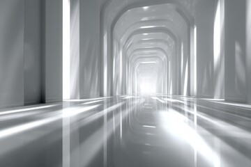 Bright modern hallway with symmetrical architecture and glowing reflections