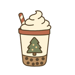 Cute Christmas bubble tea with whipped cream and holly decoration kawaii holiday drink illustration