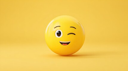 Fototapeta premium Yellow background with 3d emoji face showing wink and smile expression in playful minimal style