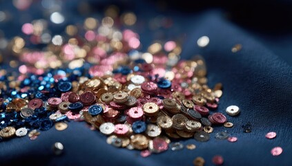 Close-up of colorful sequins on dark fabric
