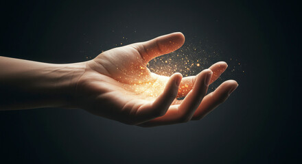 One person's hand, isolated on a black background, with their fingers cupped in a giving gesture