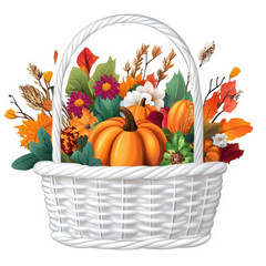 A beautiful white basket brimming with autumn pumpkins, flowers, and fall leaves.