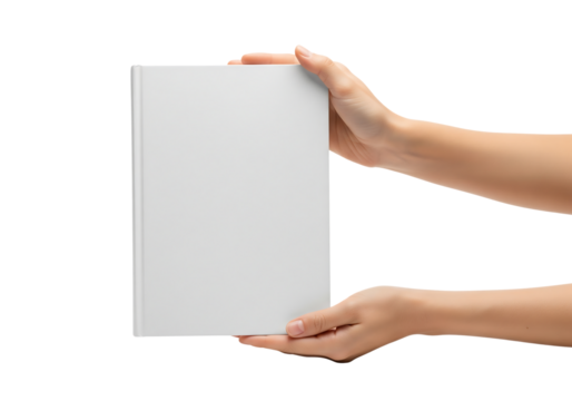 Woman's hands holding a blank white hardcover book for mockup design. Isolated on transparent background, png