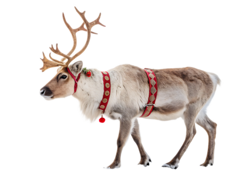 A reindeer with large antlers wearing a red harness standing against a black isolated background image