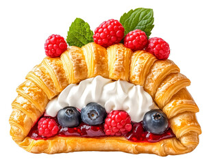 Croissant shaped like taco shell is filled with vibrant berries and fluffy whipped cream, creating delightful and appetizing dessert., isolated