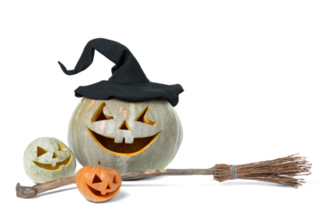 Halloween Pumpkins with Witch Hat and Broomstick