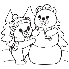 Fototapeta premium Cozy Routine, cute Kawaii Bear, coloring pages with Black and white vector illustration For Adults & Kids