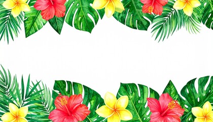 Obraz premium Tropical Flowers & Leaves Header. A long, horizontal composition of various tropical plants and flowers, designed as a website header or banner. 