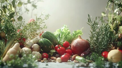 Still life arrangement of fresh vegetables and herbs with natural lighting and soft focus effect