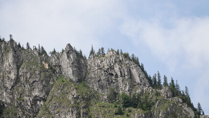 Widok wysokich i ostrych gór na tle niebieskiego nieba i z widocznymi porośniętymi lasem zboczami © tomo81