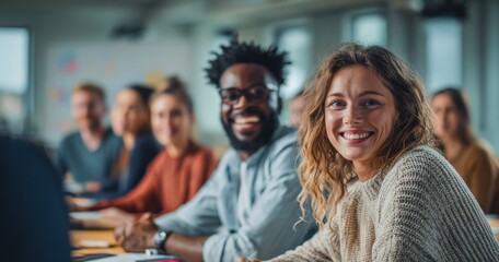 Diverse Team Smiling During a Productive Meeting, Demonstrating Unity and Collaboration in a Modern Workspace