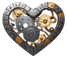 Heart shaped metallic puzzle gears in industrial steampunk style, featuring intricate cogs and wheels. design combines silver and gold tones, creating mechanical yet artistic appearance., isolated