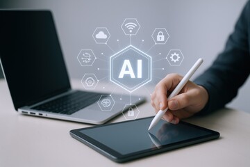 Artificial Intelligence Concept: Businessman Using Tablet with AI Graphic Overlay for Innovative Business Solutions