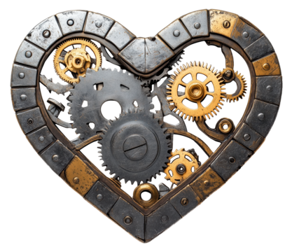 Heart shaped metallic puzzle gears in industrial steampunk style, featuring intricate cogs and wheels. design combines silver and gold tones, creating mechanical yet artistic appearance., isolated